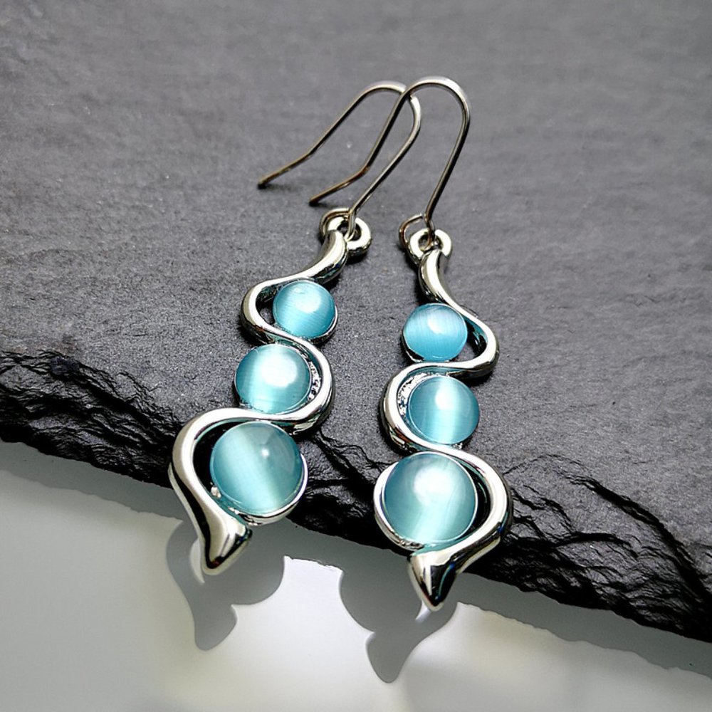 Vintage Boho Faux Blue Opal Dangle Earrings - Picture 2 of 3